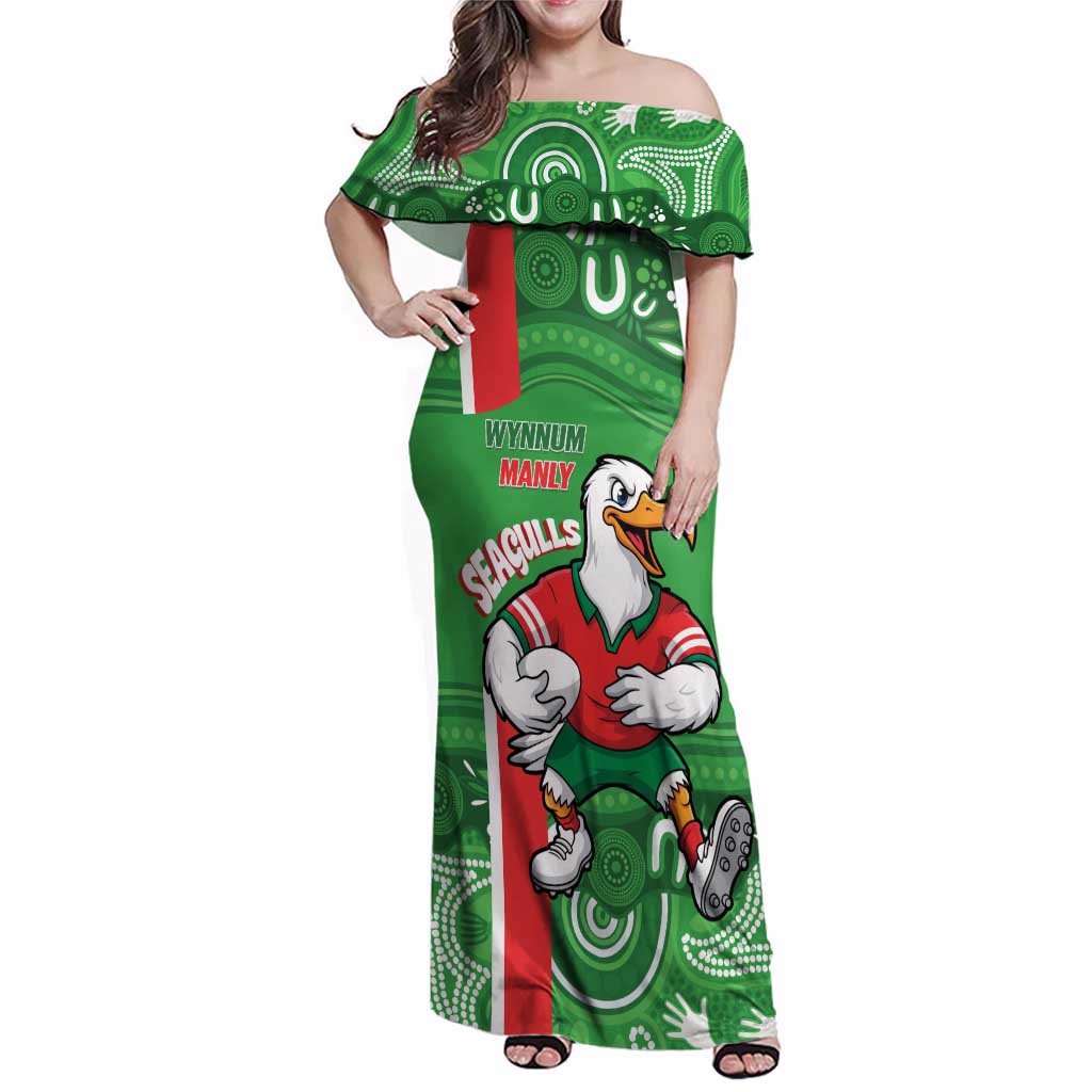 Wynnum Rugby Custom Family Matching Off Shoulder Maxi Dress and Hawaiian Shirt Go Manly Seagulls Aboriginal Art - Aussie Hoodie
