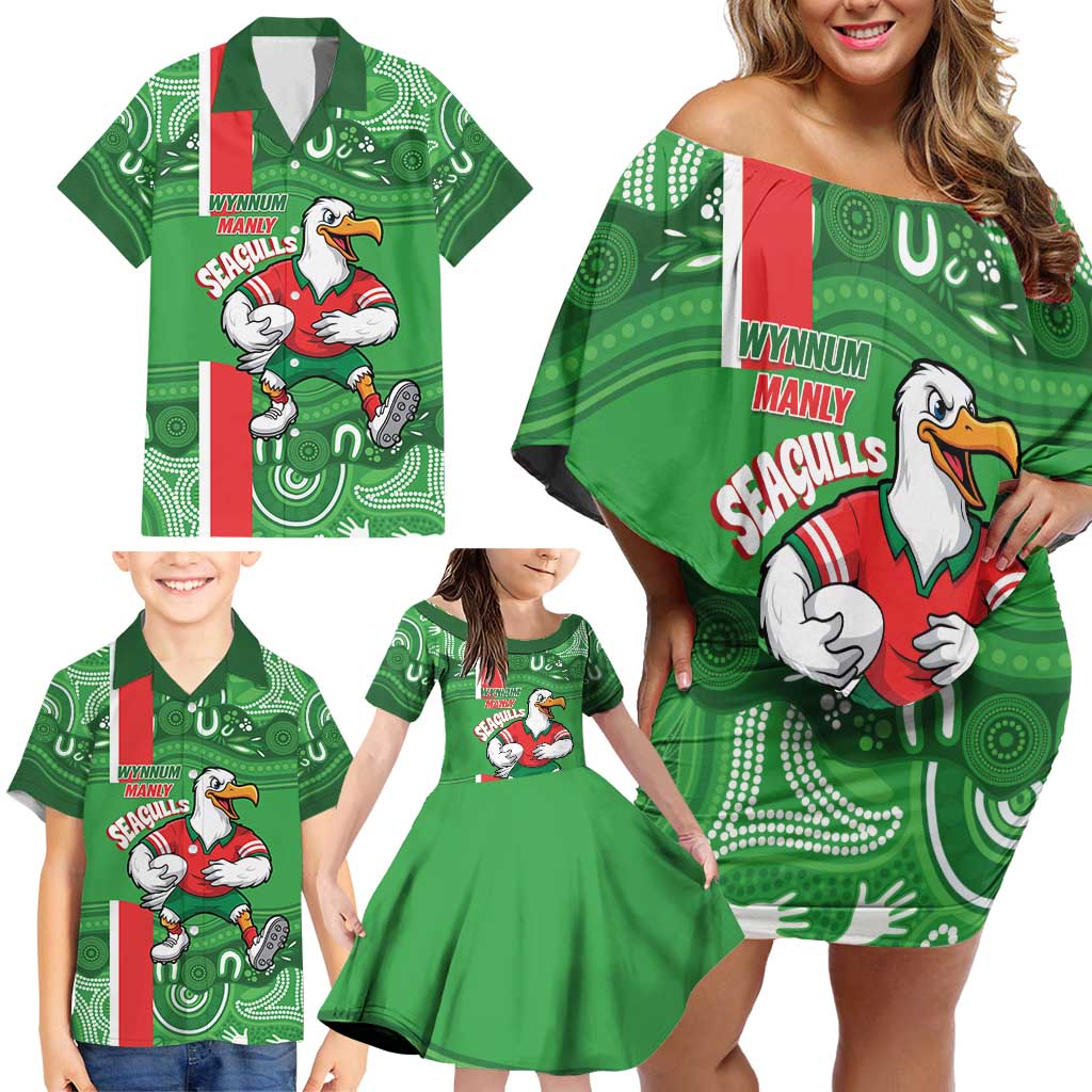 Wynnum Rugby Custom Family Matching Off Shoulder Short Dress and Hawaiian Shirt Go Manly Seagulls Aboriginal Art - Aussie Hoodie