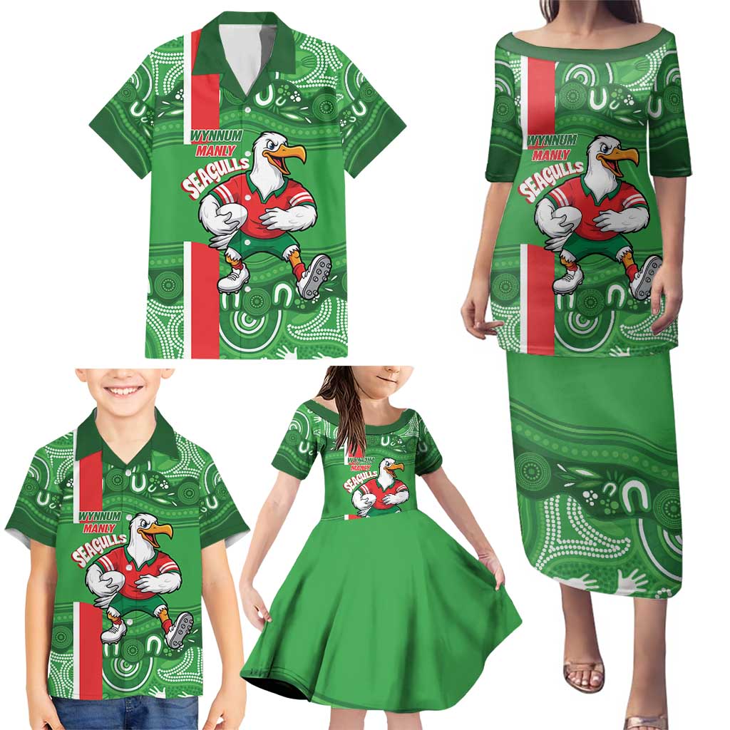 Wynnum Rugby Custom Family Matching Puletasi and Hawaiian Shirt Go Manly Seagulls Aboriginal Art - Aussie Hoodie