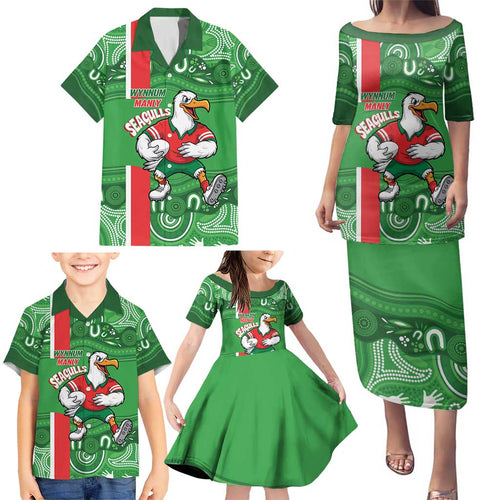 Wynnum Rugby Custom Family Matching Puletasi and Hawaiian Shirt Go Manly Seagulls Aboriginal Art - Aussie Hoodie