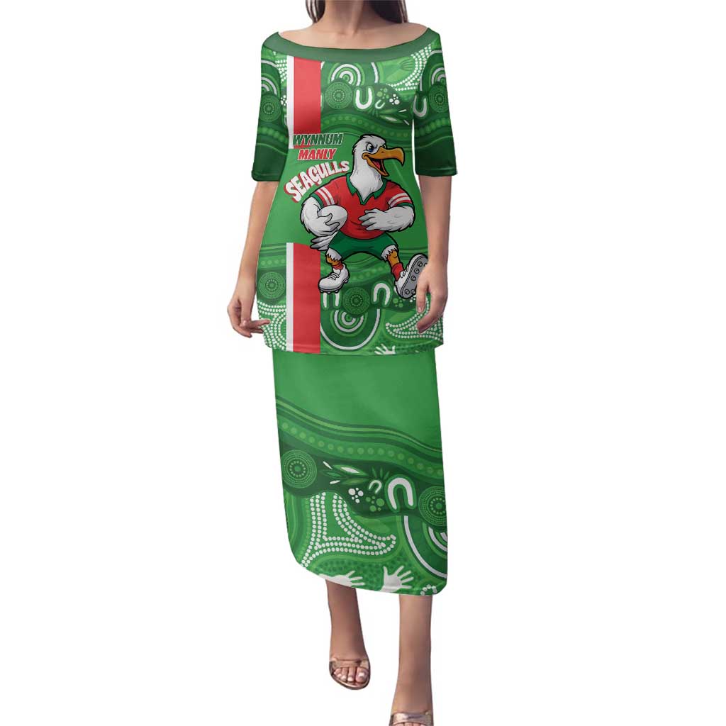Wynnum Rugby Custom Family Matching Puletasi and Hawaiian Shirt Go Manly Seagulls Aboriginal Art - Aussie Hoodie