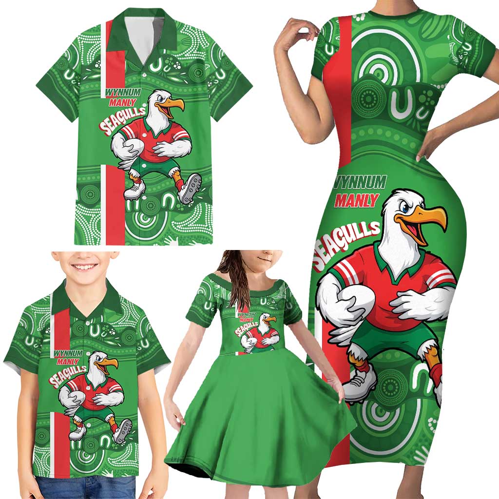 Wynnum Rugby Custom Family Matching Short Sleeve Bodycon Dress and Hawaiian Shirt Go Manly Seagulls Aboriginal Art - Aussie Hoodie