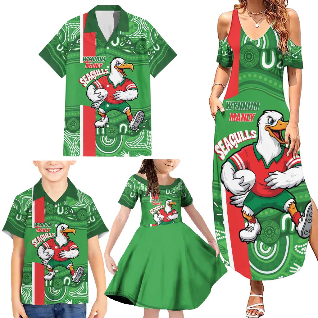 Wynnum Rugby Custom Family Matching Summer Maxi Dress and Hawaiian Shirt Go Manly Seagulls Aboriginal Art - Aussie Hoodie