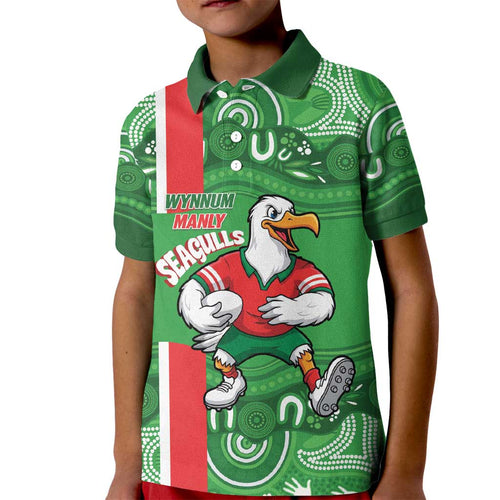 Wynnum Rugby Custom Kid Polo Shirt Go Manly Seagulls Aboriginal Art - Aussie Hoodie