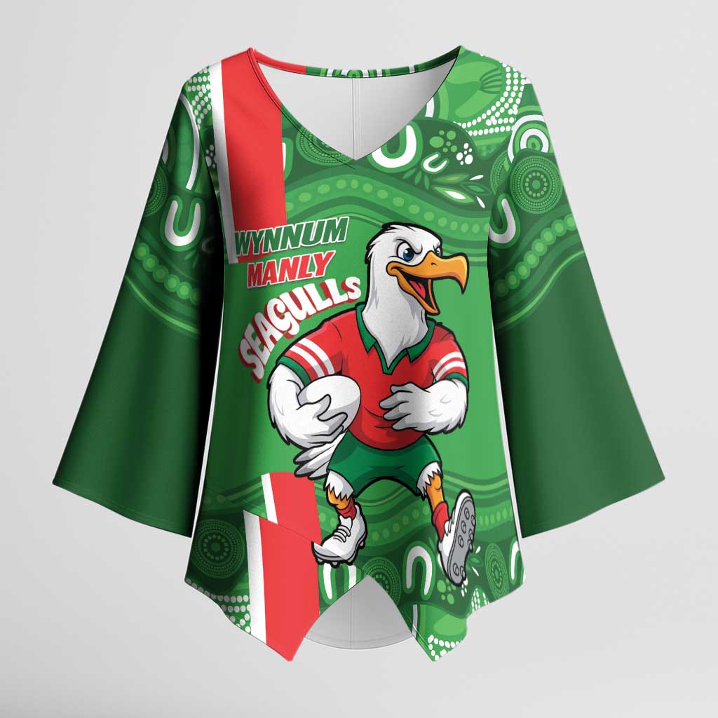 Wynnum Rugby Custom Kimono Sleeve Blouse Go Manly Seagulls Aboriginal Art - Aussie Hoodie