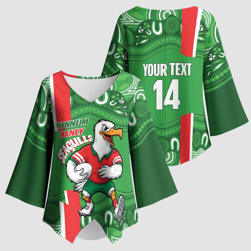 Wynnum Rugby Custom Kimono Sleeve Blouse Go Manly Seagulls Aboriginal Art - Aussie Hoodie