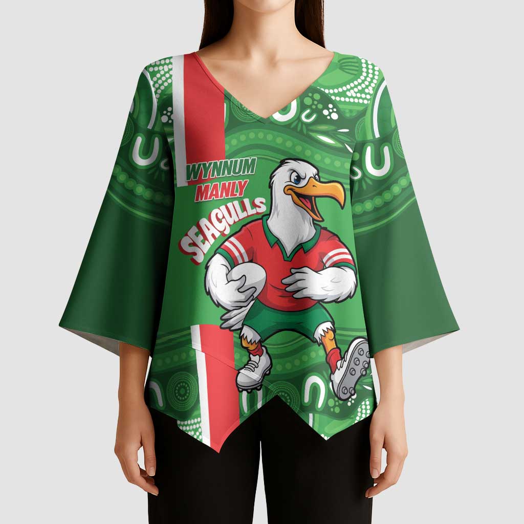 Wynnum Rugby Custom Kimono Sleeve Blouse Go Manly Seagulls Aboriginal Art - Aussie Hoodie