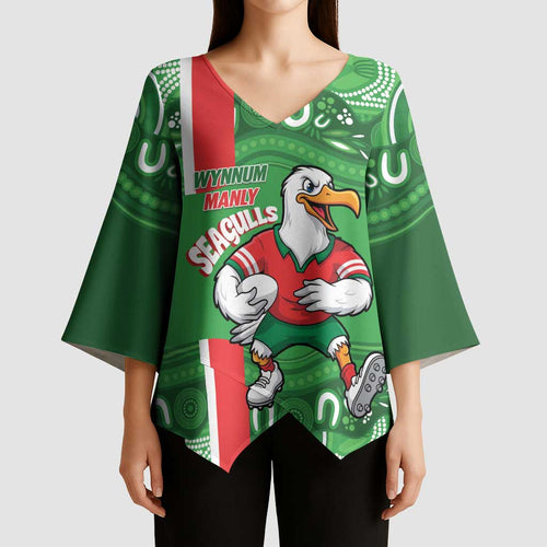 Wynnum Rugby Custom Kimono Sleeve Blouse Go Manly Seagulls Aboriginal Art - Aussie Hoodie