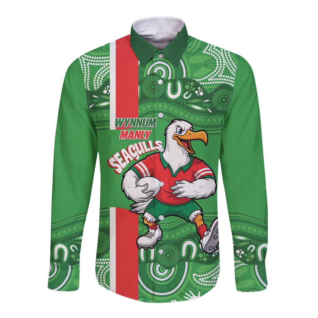 Wynnum Rugby Custom Long Sleeve Button Shirt Go Manly Seagulls Aboriginal Art - Aussie Hoodie