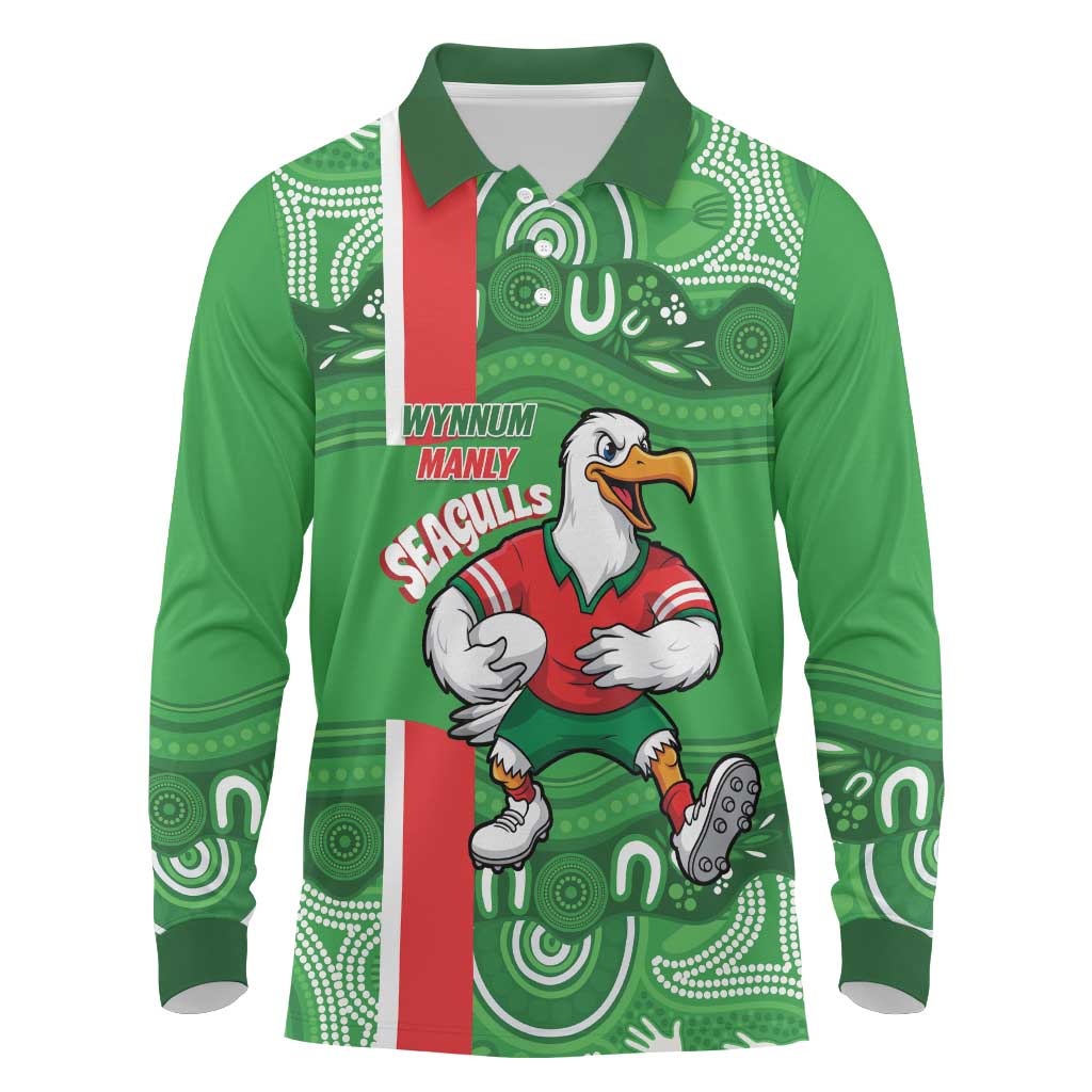 Wynnum Rugby Custom Long Sleeve Polo Shirt Go Manly Seagulls Aboriginal Art - Aussie Hoodie