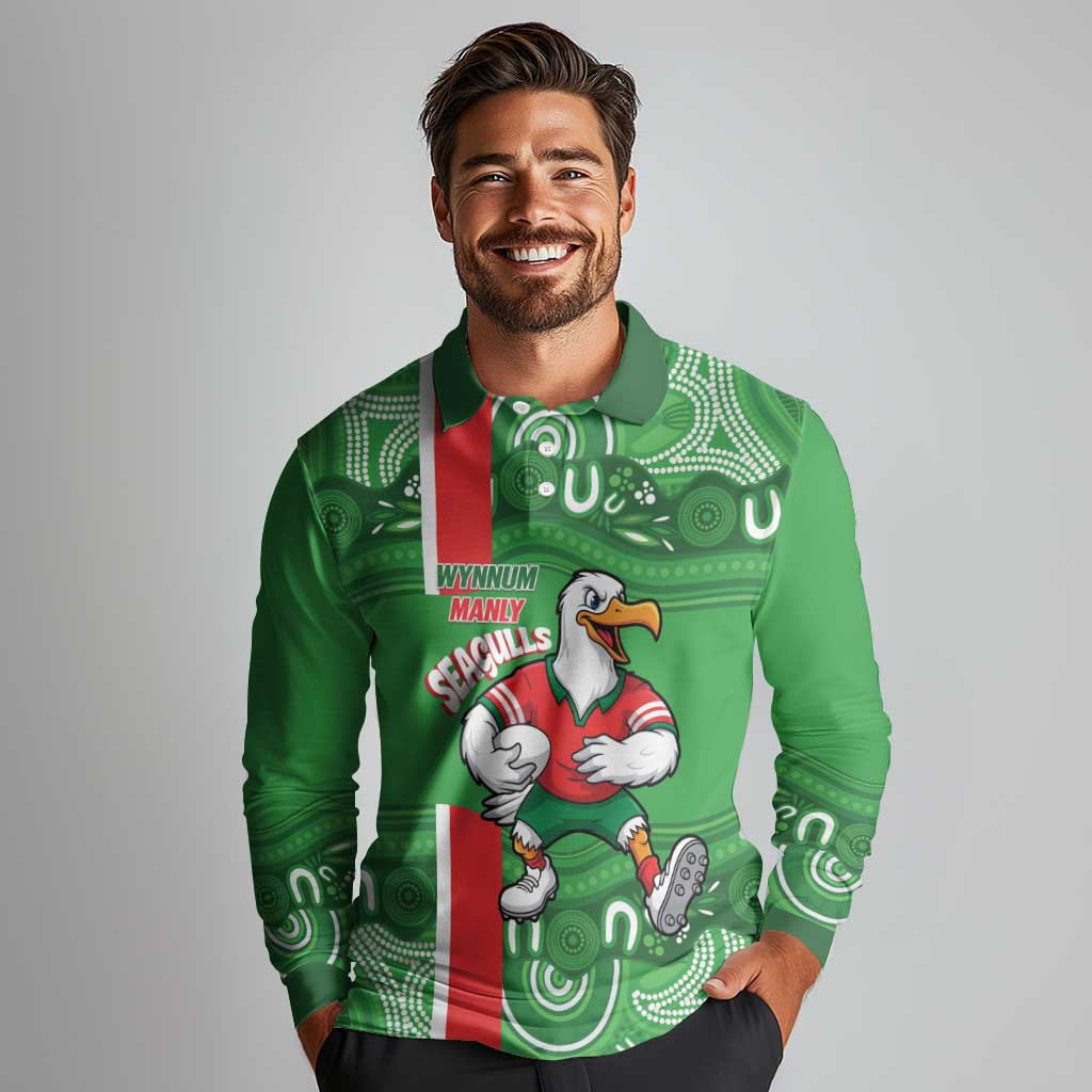 Wynnum Rugby Custom Long Sleeve Polo Shirt Go Manly Seagulls Aboriginal Art - Aussie Hoodie