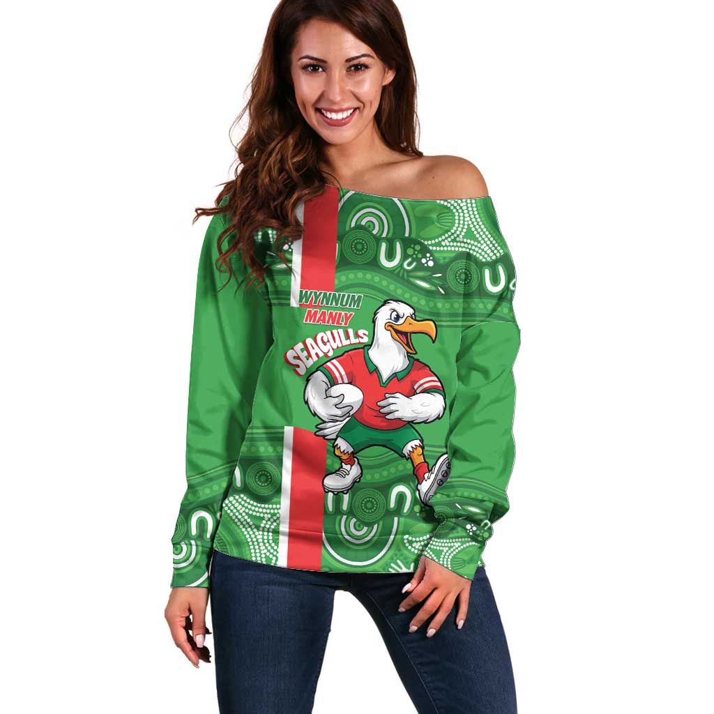 Wynnum Rugby Custom Off Shoulder Sweater Go Manly Seagulls Aboriginal Art - Aussie Hoodie