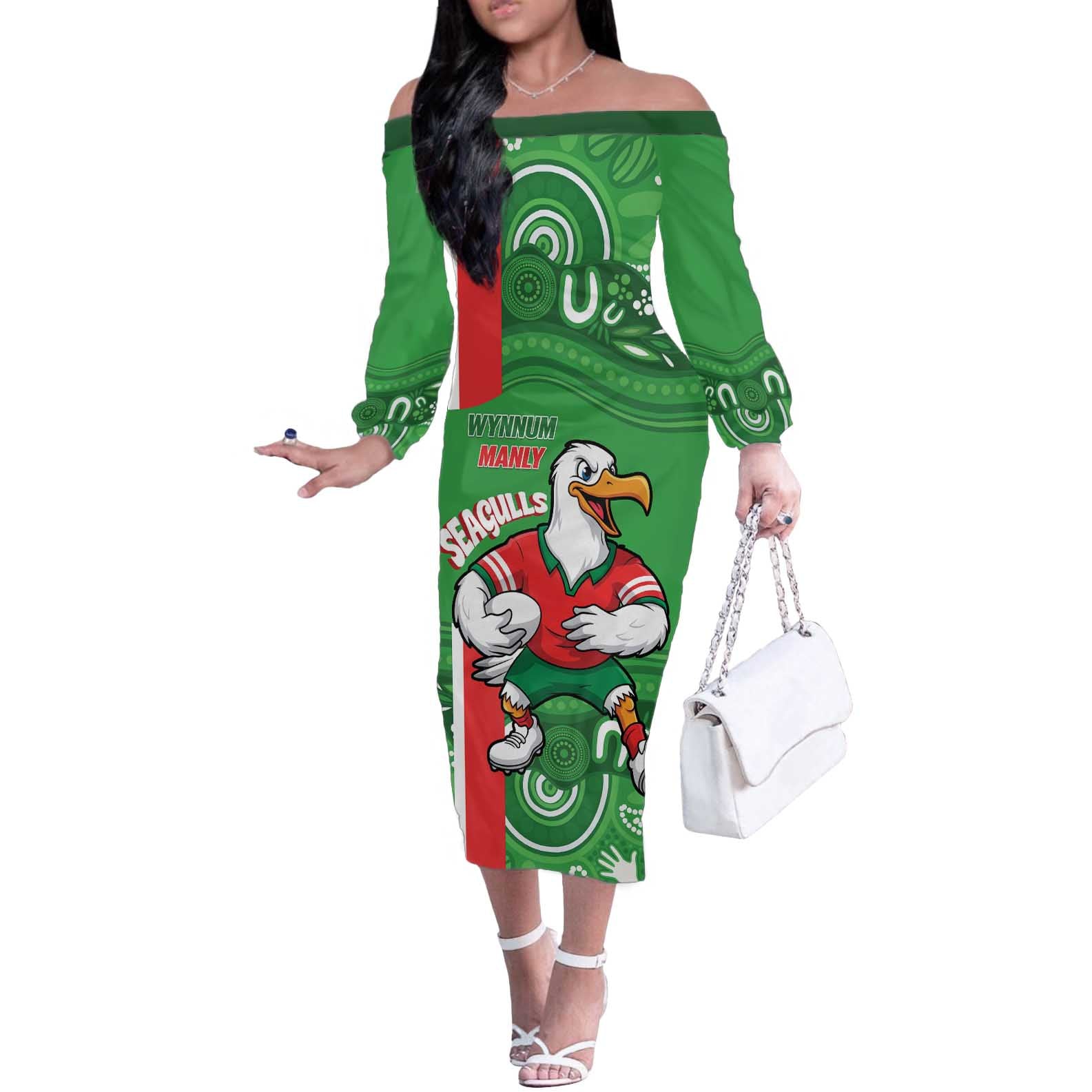 Wynnum Rugby Custom Off The Shoulder Long Sleeve Dress Go Manly Seagulls Aboriginal Art - Aussie Hoodie