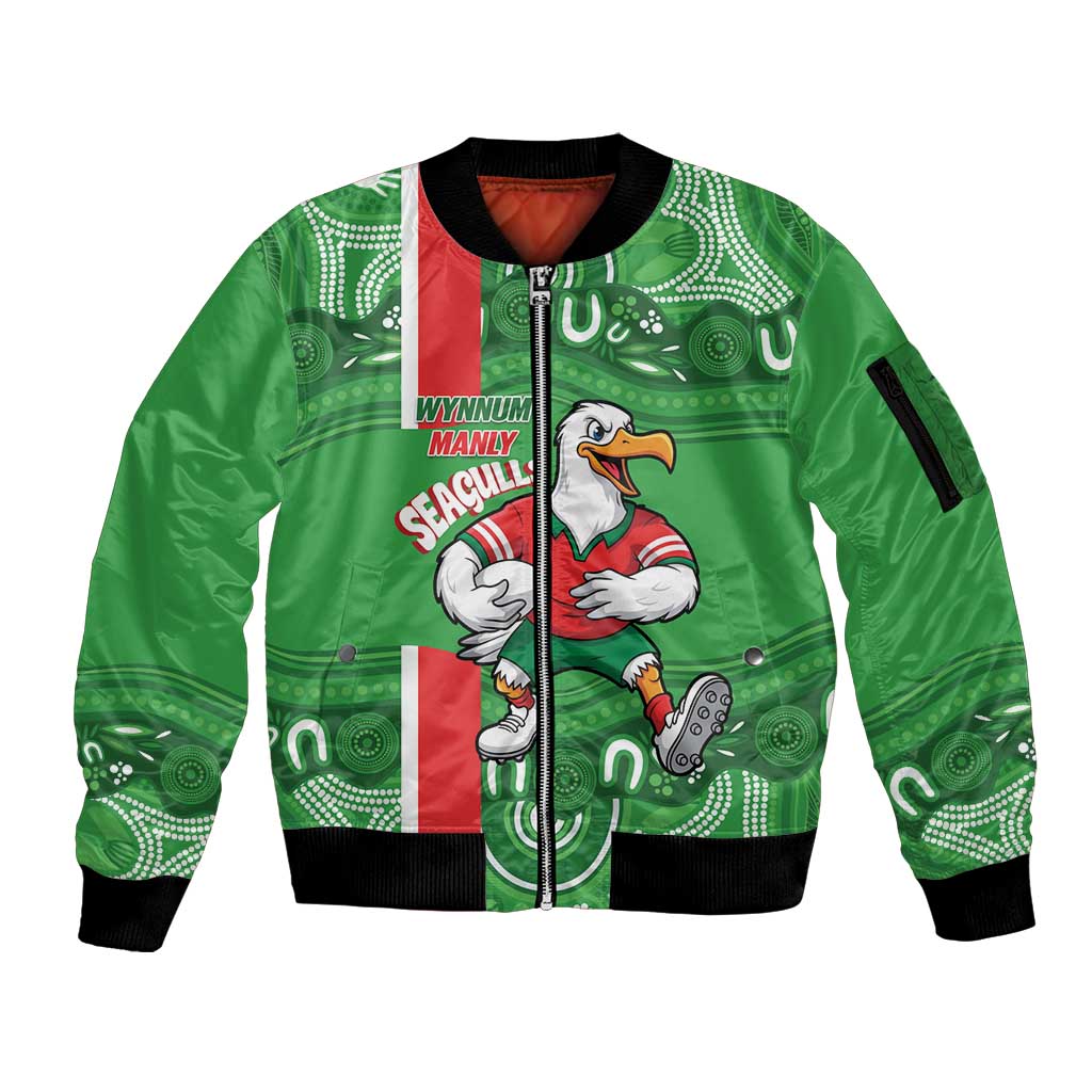 Wynnum Rugby Custom Sleeve Zip Bomber Jacket Go Manly Seagulls Aboriginal Art - Aussie Hoodie