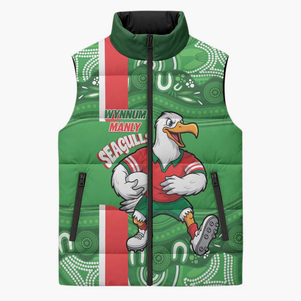 Wynnum Rugby Custom Sleeveless Puffer Jacket Go Manly Seagulls Aboriginal Art - Aussie Hoodie