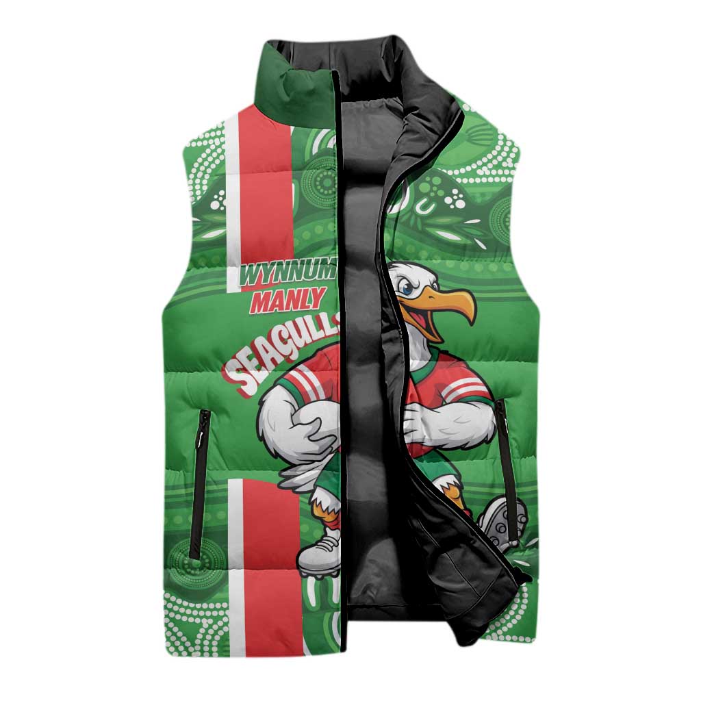 Wynnum Rugby Custom Sleeveless Puffer Jacket Go Manly Seagulls Aboriginal Art - Aussie Hoodie