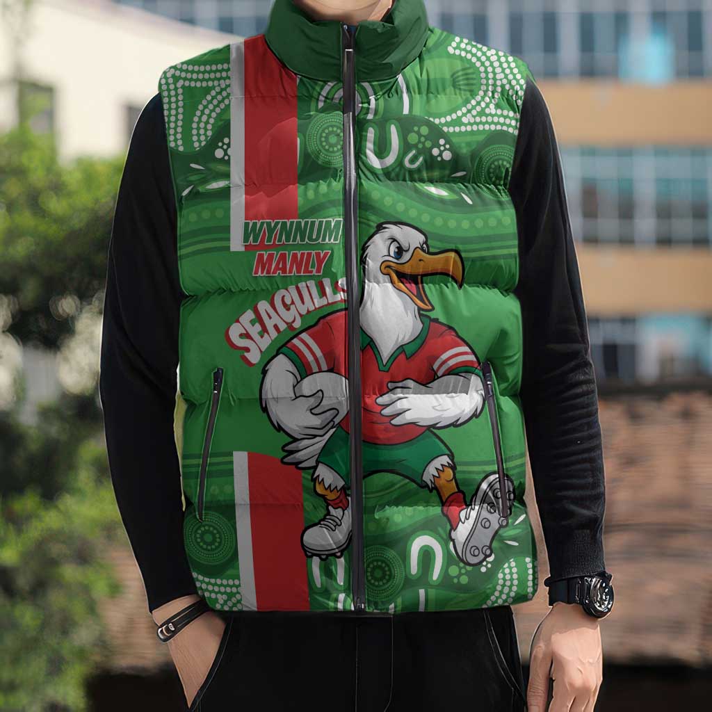 Wynnum Rugby Custom Sleeveless Puffer Jacket Go Manly Seagulls Aboriginal Art - Aussie Hoodie