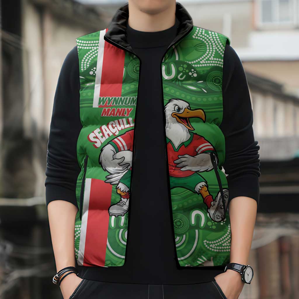 Wynnum Rugby Custom Sleeveless Puffer Jacket Go Manly Seagulls Aboriginal Art - Aussie Hoodie