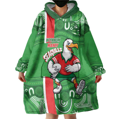 Wynnum Rugby Custom Wearable Blanket Hoodie Go Manly Seagulls Aboriginal Art - Aussie Hoodie