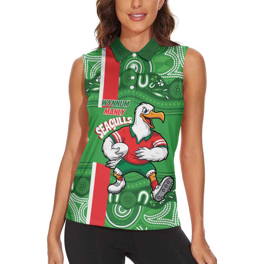 Wynnum Rugby Custom Women Sleeveless Polo Shirt Go Manly Seagulls Aboriginal Art - Aussie Hoodie