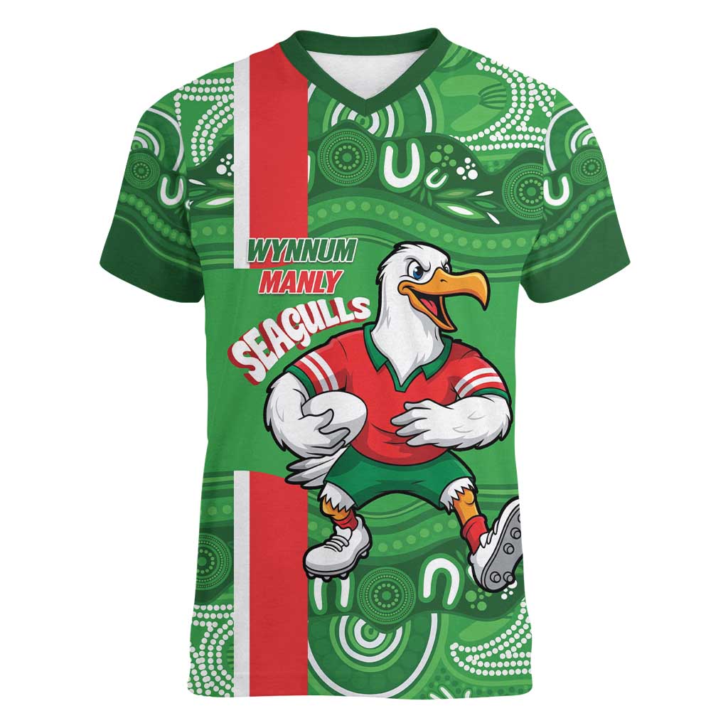 Wynnum Rugby Custom Women V-Neck T-Shirt Go Manly Seagulls Aboriginal Art - Aussie Hoodie
