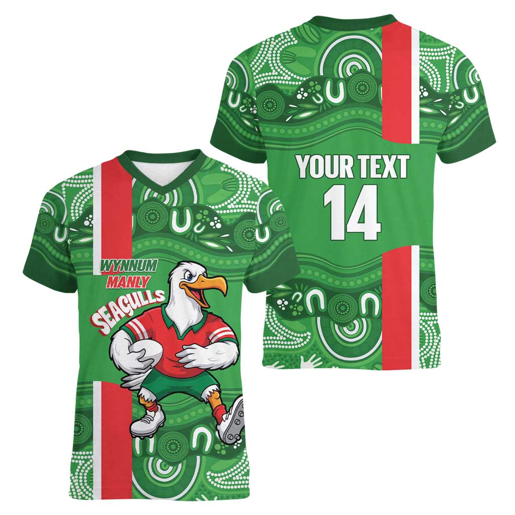 Wynnum Rugby Custom Women V-Neck T-Shirt Go Manly Seagulls Aboriginal Art - Aussie Hoodie