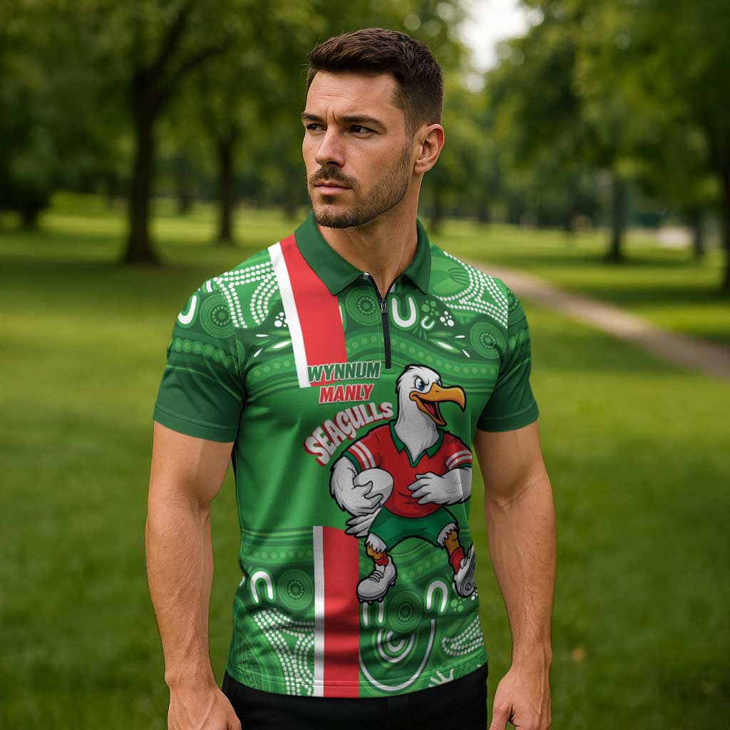 Wynnum Rugby Custom Zipper Polo Shirt Go Manly Seagulls Aboriginal Art - Aussie Hoodie