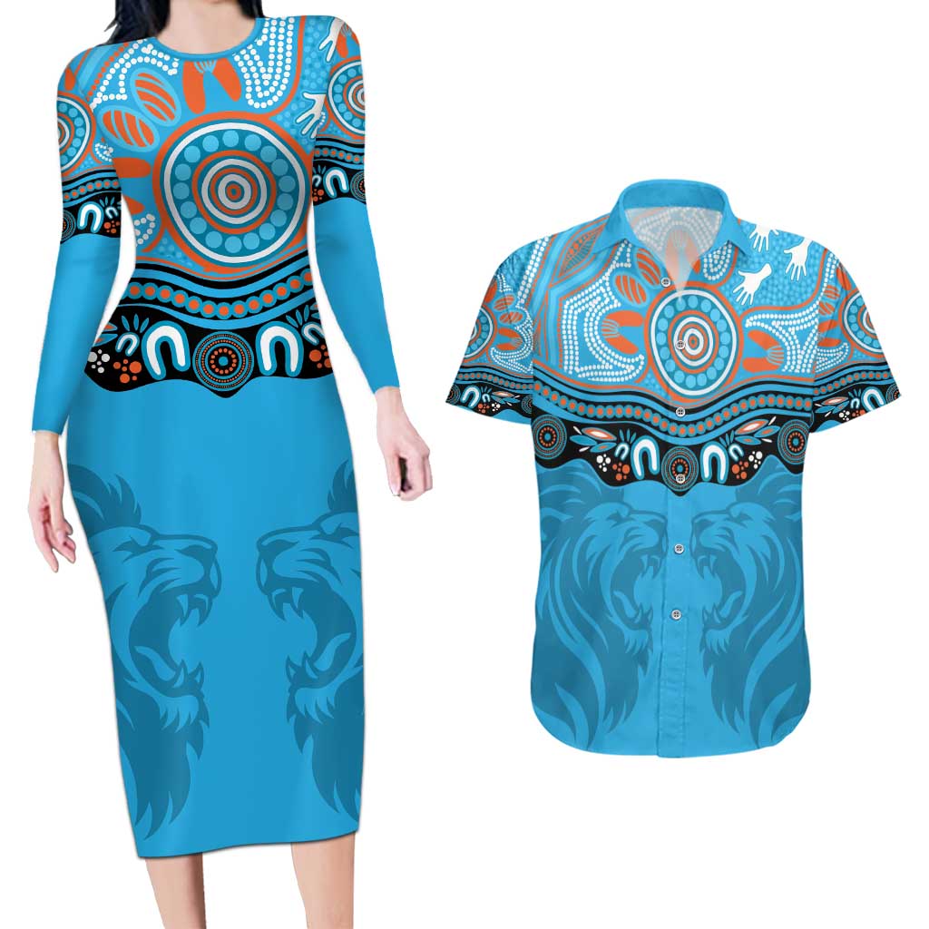 Northern Pride Rugby Custom Couples Matching Long Sleeve Bodycon Dress and Hawaiian Shirt Roaring Lion Aboriginal Art - Aussie Hoodie