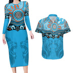 Northern Pride Rugby Custom Couples Matching Long Sleeve Bodycon Dress and Hawaiian Shirt Roaring Lion Aboriginal Art - Aussie Hoodie