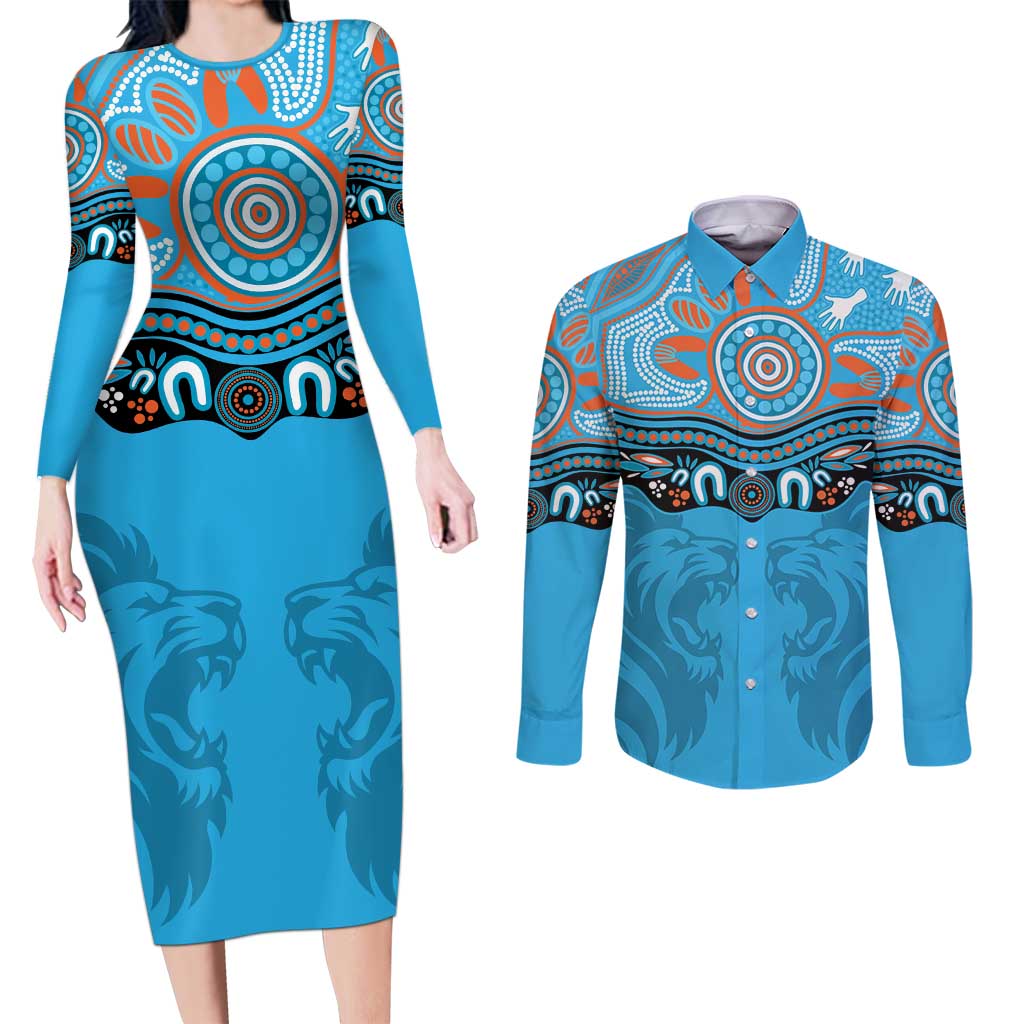 Northern Pride Rugby Custom Couples Matching Long Sleeve Bodycon Dress and Long Sleeve Button Shirt Roaring Lion Aboriginal Art - Aussie Hoodie
