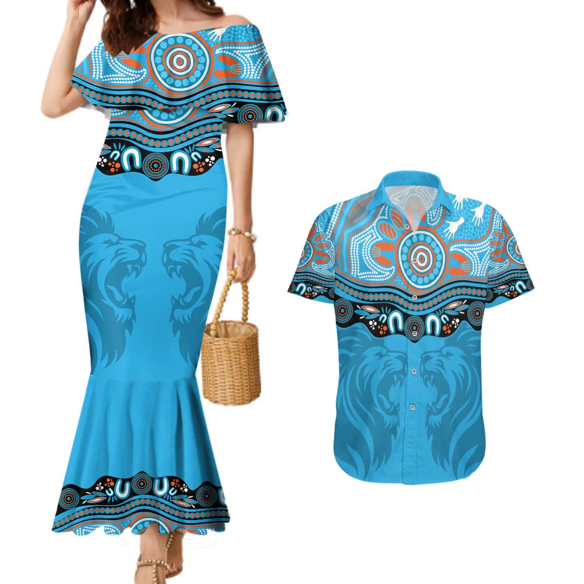 Northern Pride Rugby Custom Couples Matching Mermaid Dress and Hawaiian Shirt Roaring Lion Aboriginal Art - Aussie Hoodie