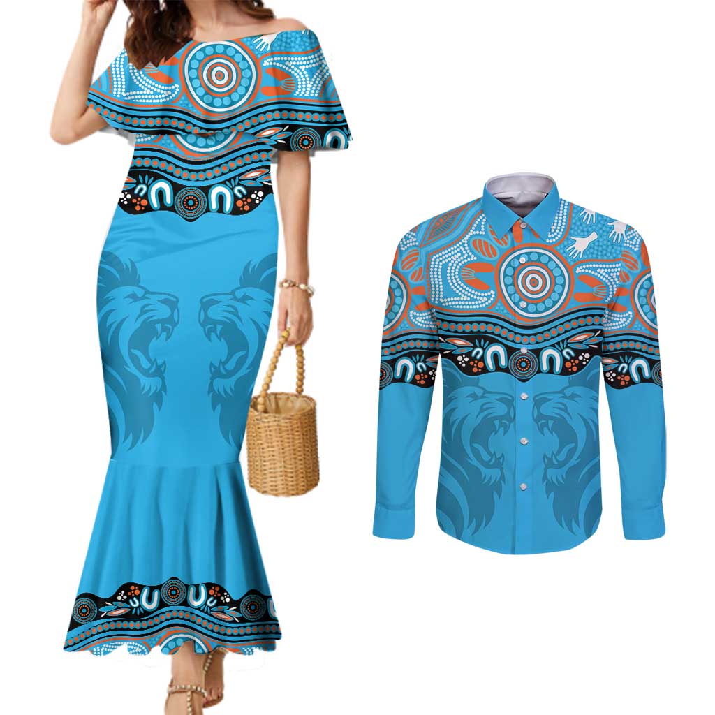 Northern Pride Rugby Custom Couples Matching Mermaid Dress and Long Sleeve Button Shirt Roaring Lion Aboriginal Art - Aussie Hoodie