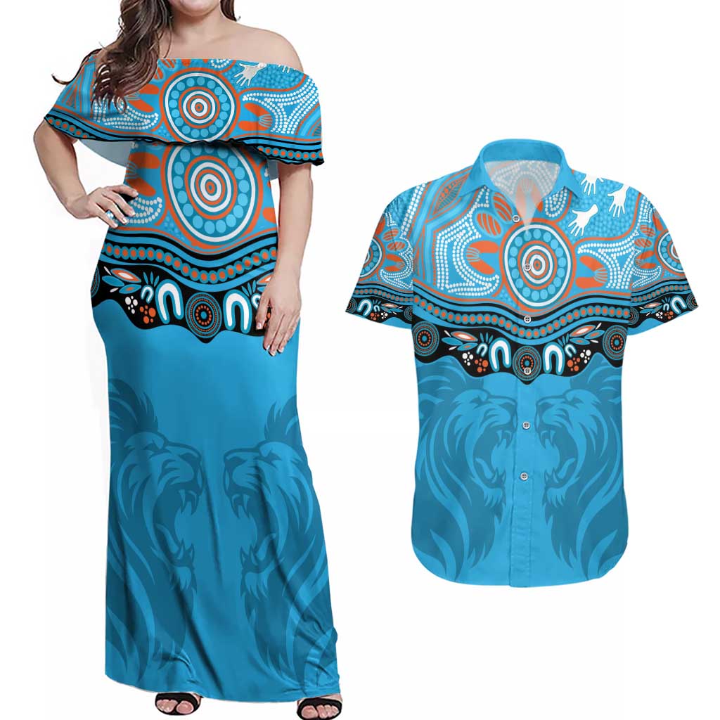 Northern Pride Rugby Custom Couples Matching Off Shoulder Maxi Dress and Hawaiian Shirt Roaring Lion Aboriginal Art - Aussie Hoodie