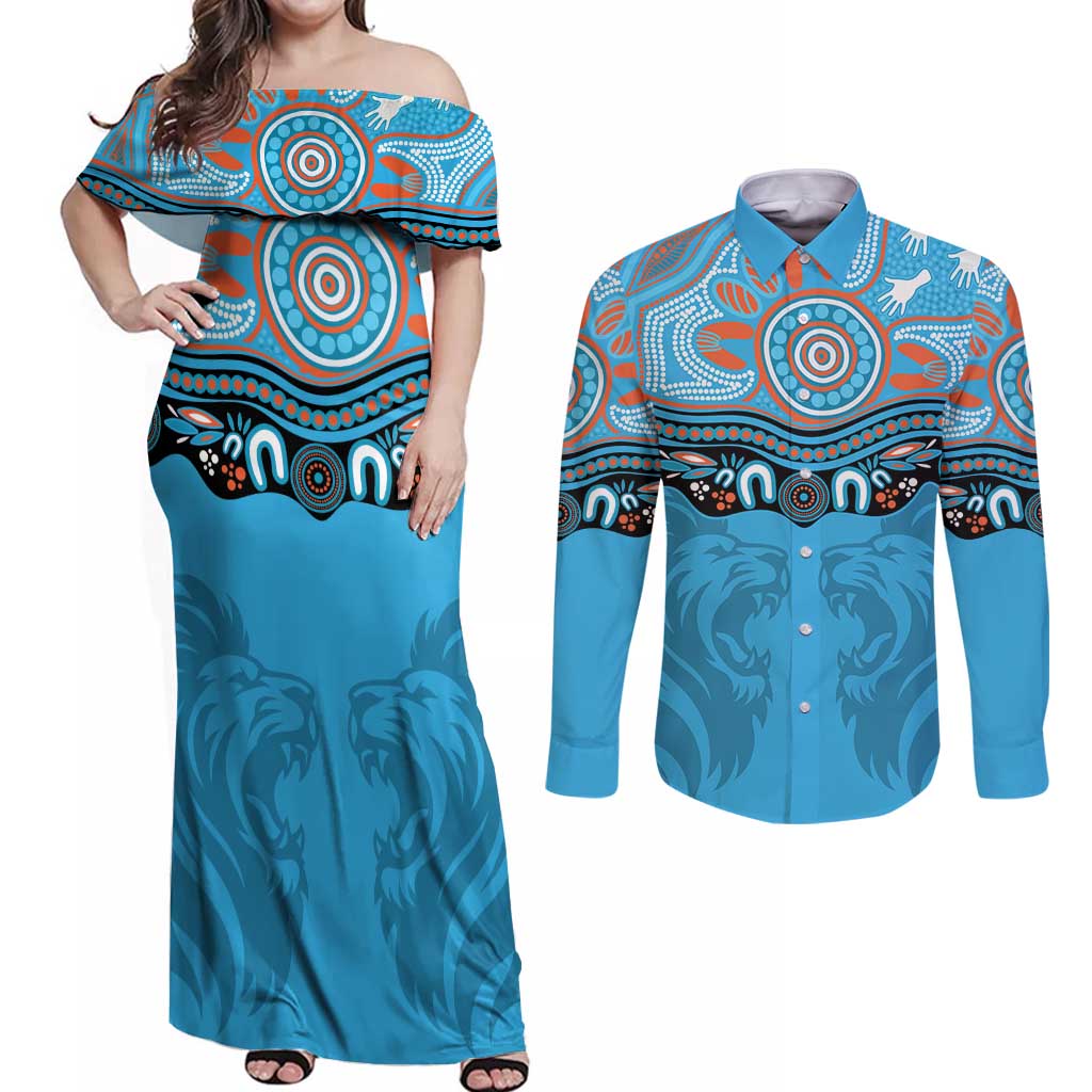 Northern Pride Rugby Custom Couples Matching Off Shoulder Maxi Dress and Long Sleeve Button Shirt Roaring Lion Aboriginal Art - Aussie Hoodie