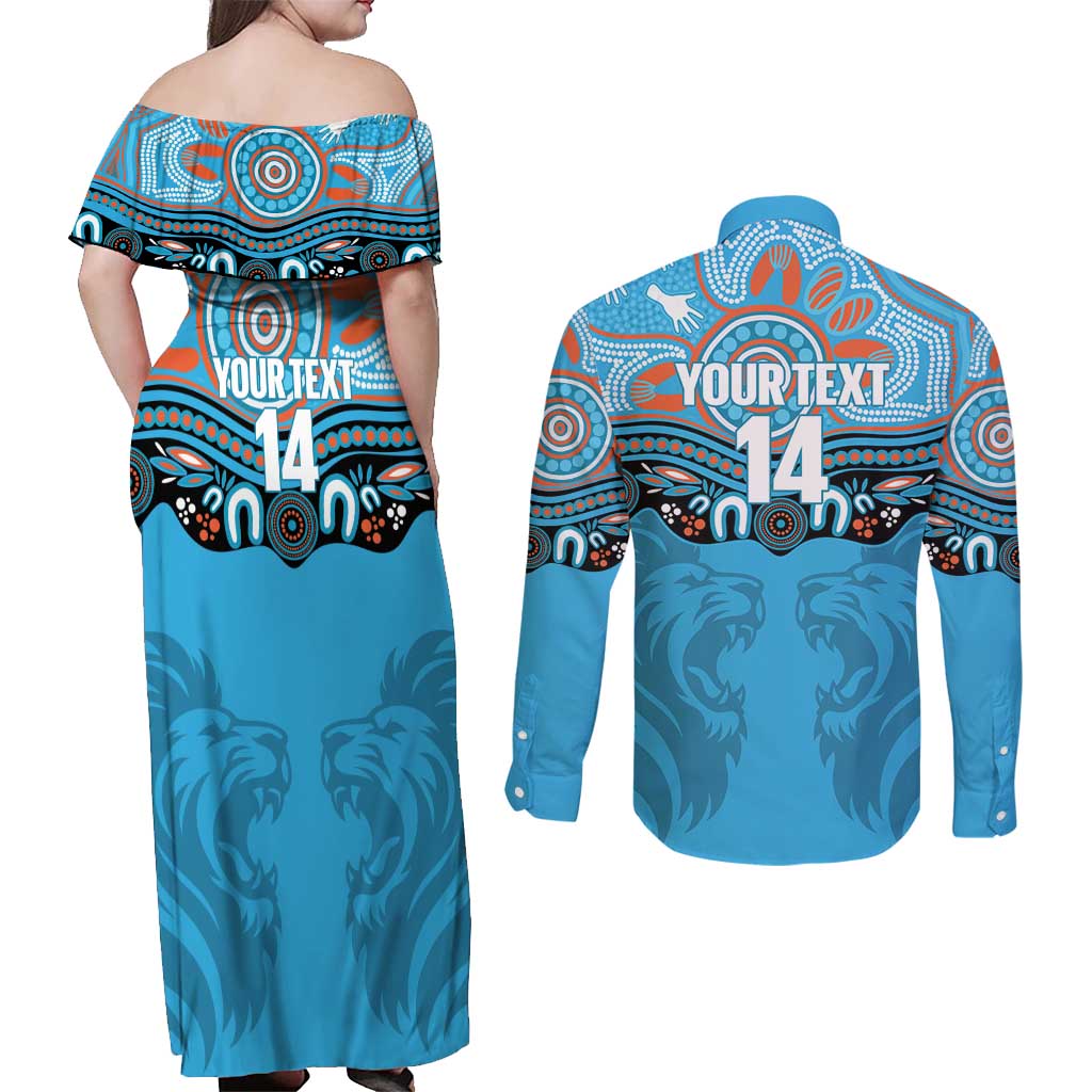 Northern Pride Rugby Custom Couples Matching Off Shoulder Maxi Dress and Long Sleeve Button Shirt Roaring Lion Aboriginal Art - Aussie Hoodie