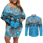 Northern Pride Rugby Custom Couples Matching Off Shoulder Short Dress and Long Sleeve Button Shirt Roaring Lion Aboriginal Art - Aussie Hoodie