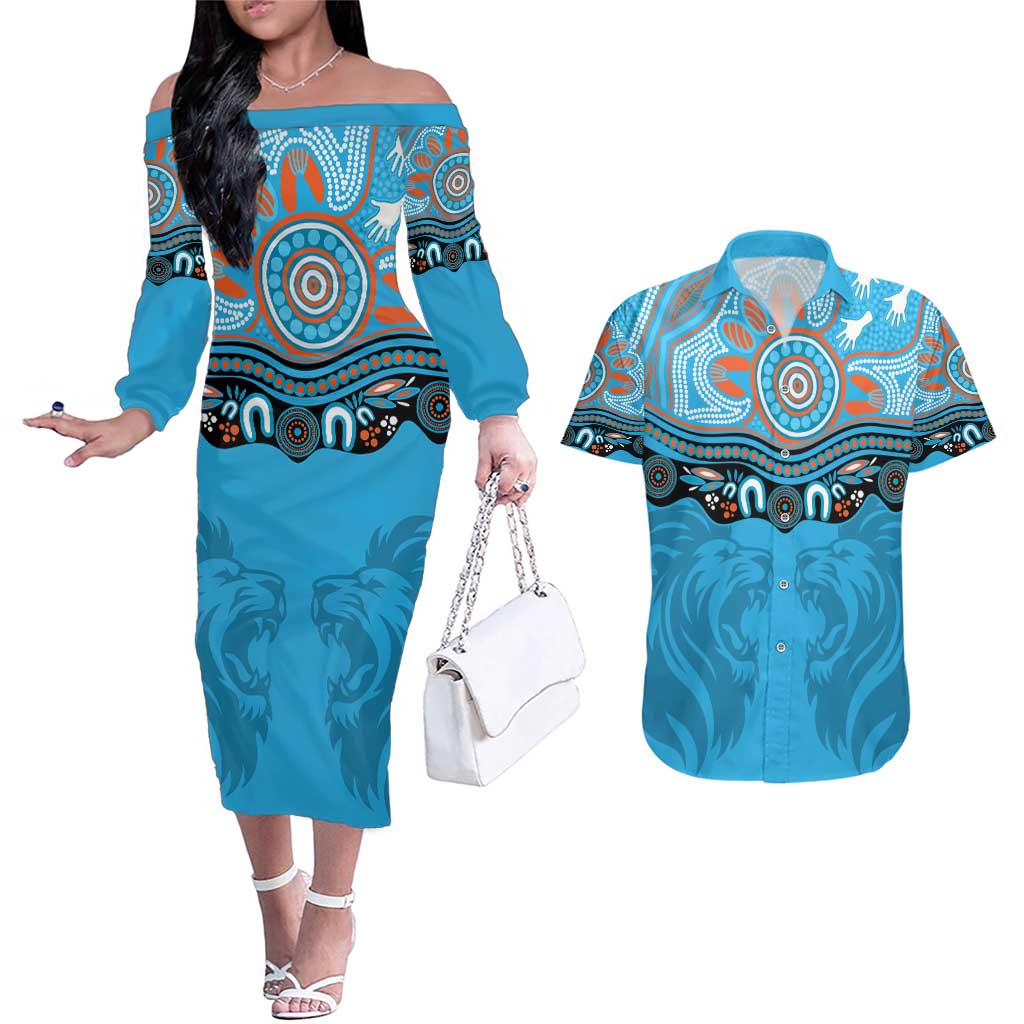 Northern Pride Rugby Custom Couples Matching Off The Shoulder Long Sleeve Dress and Hawaiian Shirt Roaring Lion Aboriginal Art - Aussie Hoodie