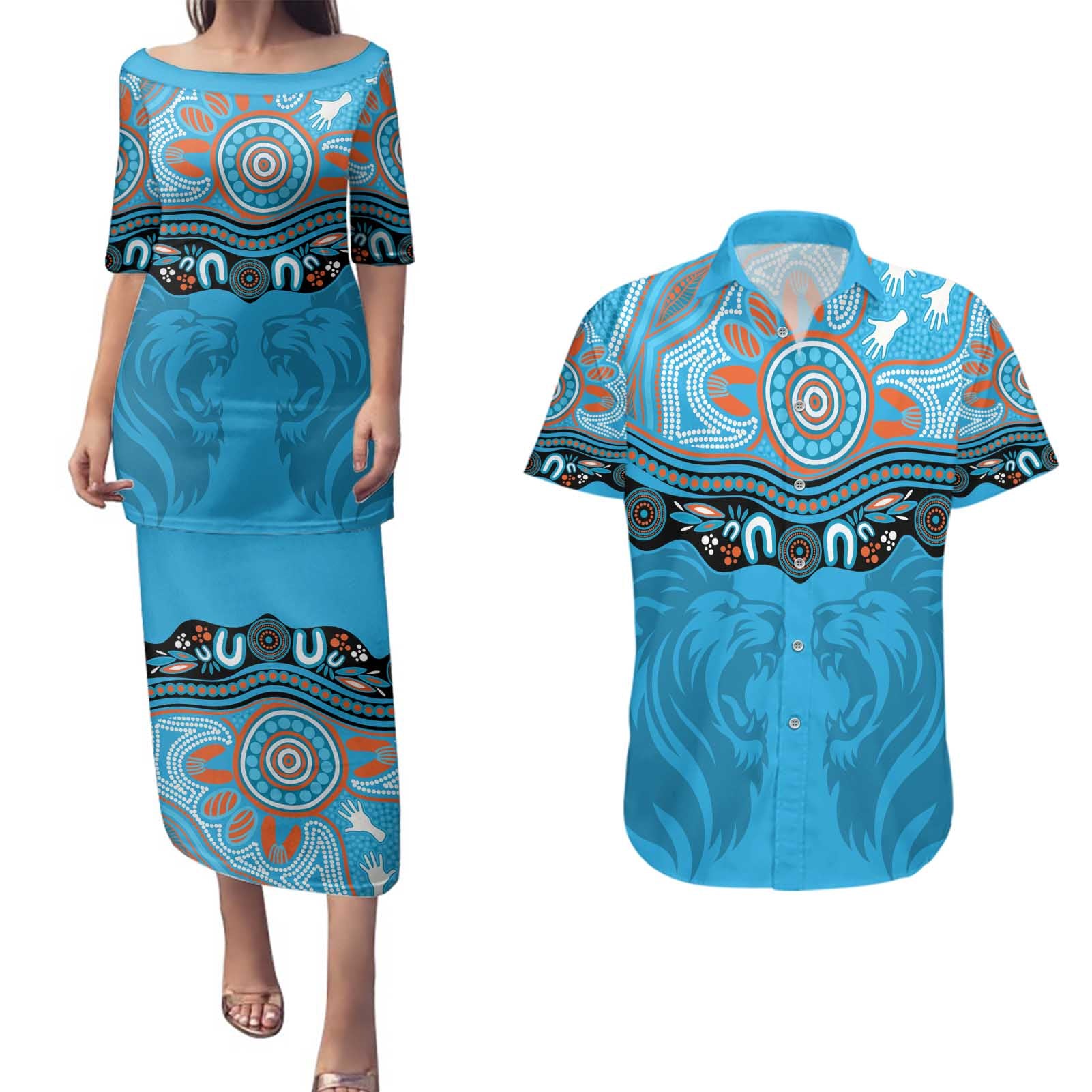 Northern Pride Rugby Custom Couples Matching Puletasi and Hawaiian Shirt Roaring Lion Aboriginal Art - Aussie Hoodie