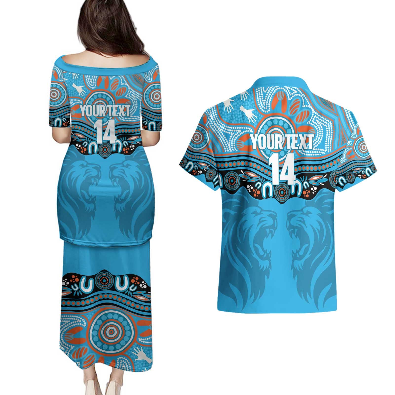 Northern Pride Rugby Custom Couples Matching Puletasi and Hawaiian Shirt Roaring Lion Aboriginal Art - Aussie Hoodie