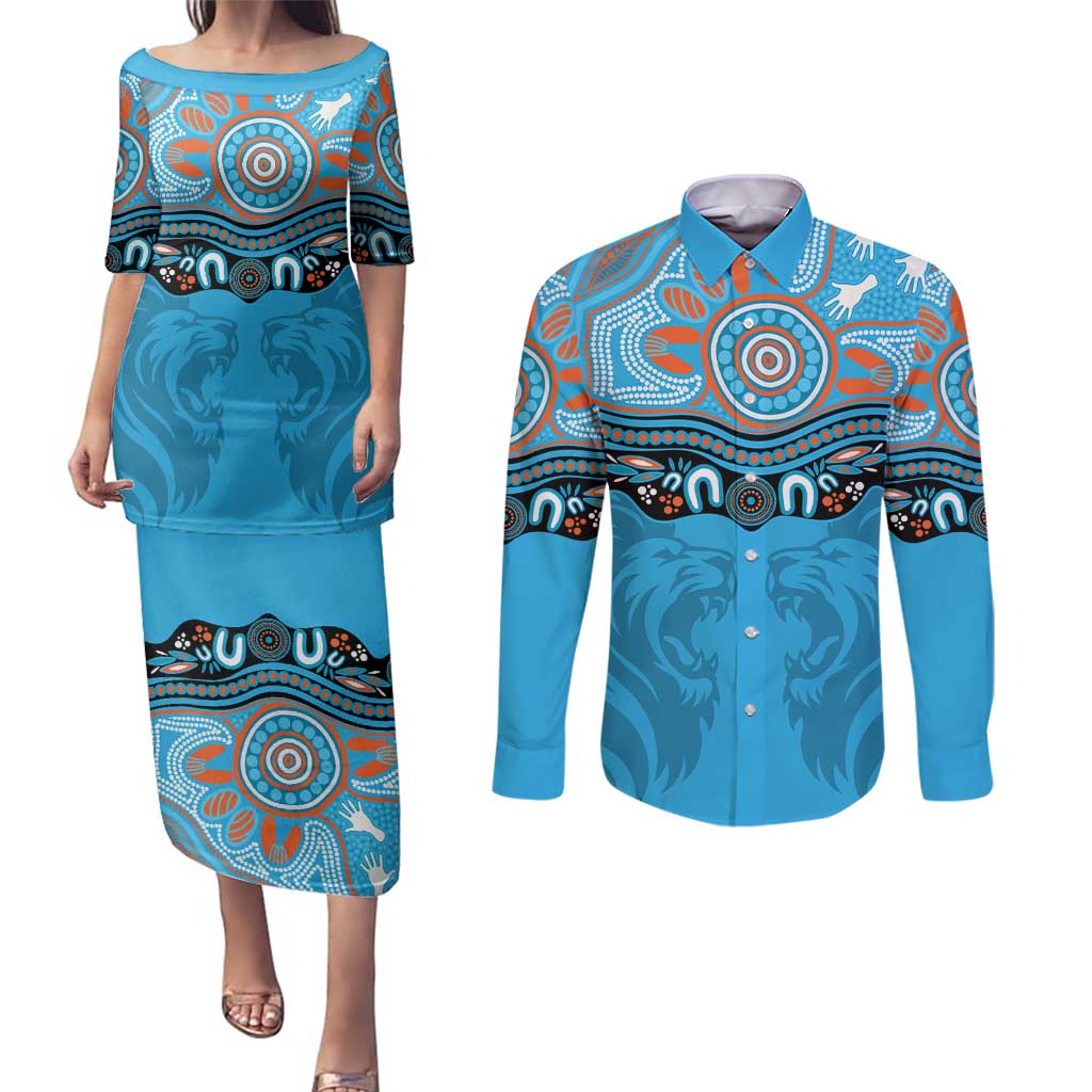 Northern Pride Rugby Custom Couples Matching Puletasi and Long Sleeve Button Shirt Roaring Lion Aboriginal Art - Aussie Hoodie
