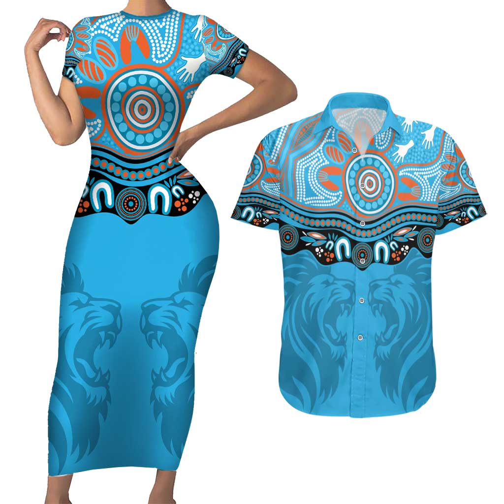 Northern Pride Rugby Custom Couples Matching Short Sleeve Bodycon Dress and Hawaiian Shirt Roaring Lion Aboriginal Art - Aussie Hoodie