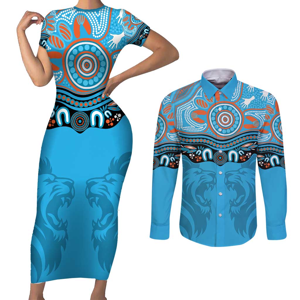 Northern Pride Rugby Custom Couples Matching Short Sleeve Bodycon Dress and Long Sleeve Button Shirt Roaring Lion Aboriginal Art - Aussie Hoodie
