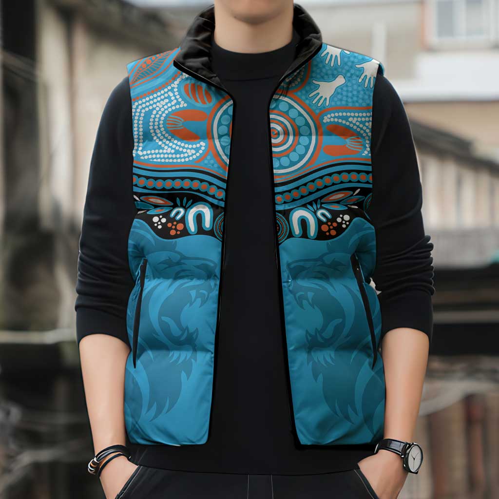Northern Pride Rugby Custom Sleeveless Puffer Jacket Roaring Lion Aboriginal Art - Aussie Hoodie