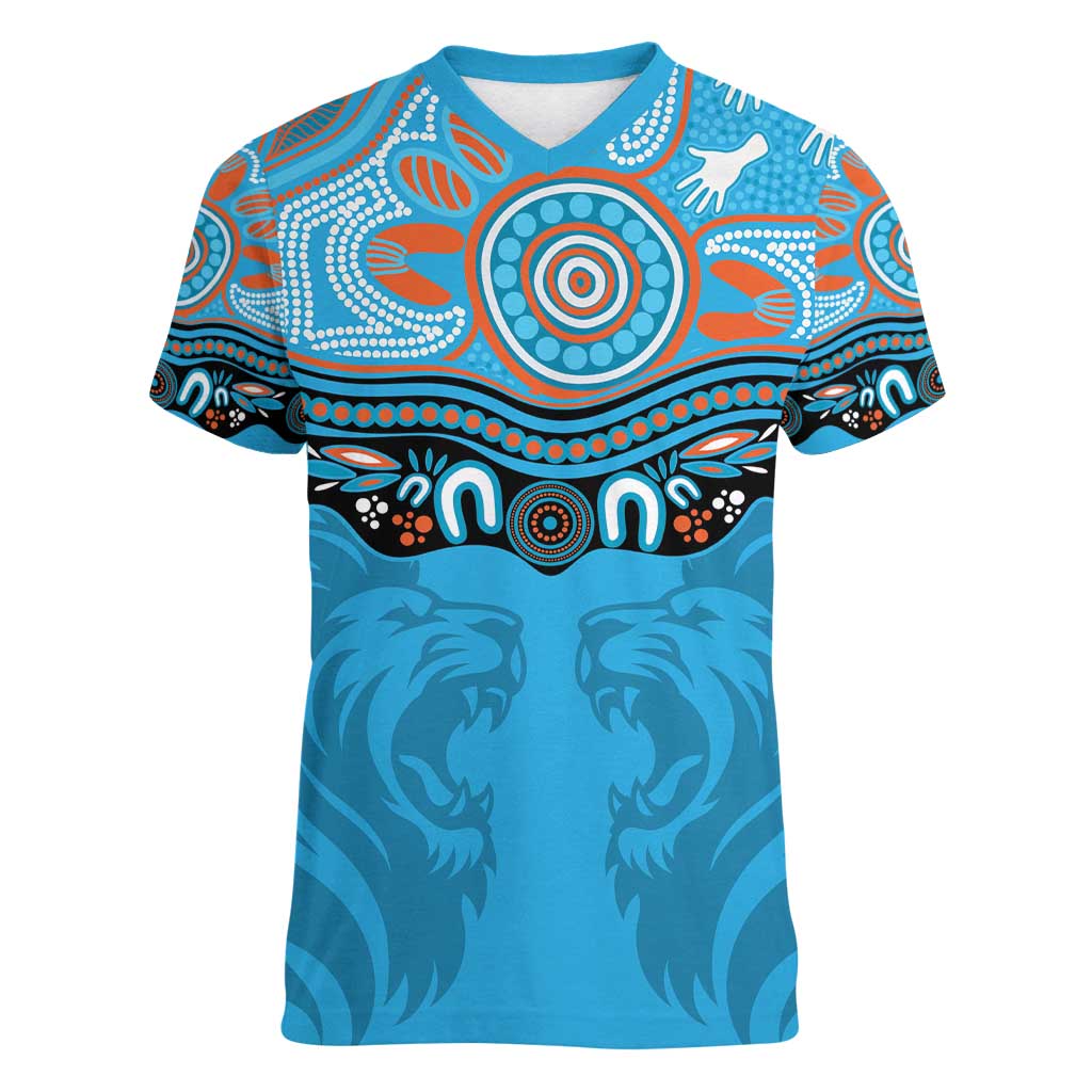 Northern Pride Rugby Custom Women V-Neck T-Shirt Roaring Lion Aboriginal Art - Aussie Hoodie
