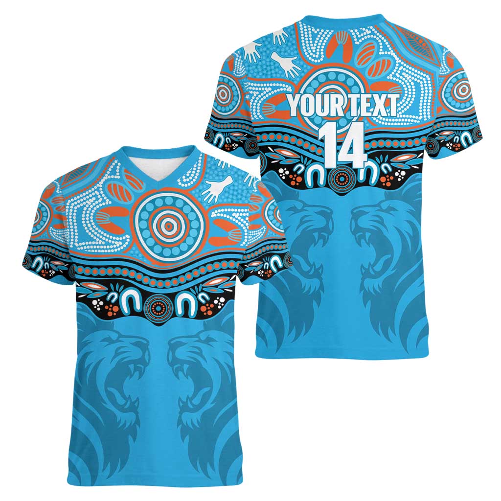 Northern Pride Rugby Custom Women V-Neck T-Shirt Roaring Lion Aboriginal Art - Aussie Hoodie