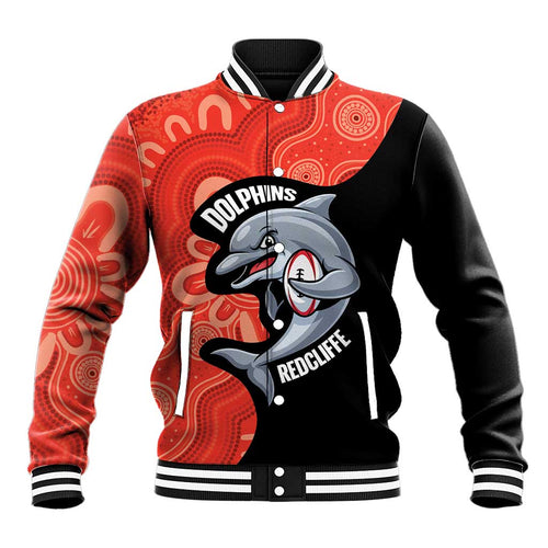 Redcliffe Rugby Custom Baseball Jacket Go Dolphins Aboriginal Art - Aussie Hoodie