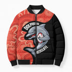 Redcliffe Rugby Custom Bomber Puffer Jacket Go Dolphins Aboriginal Art - Aussie Hoodie