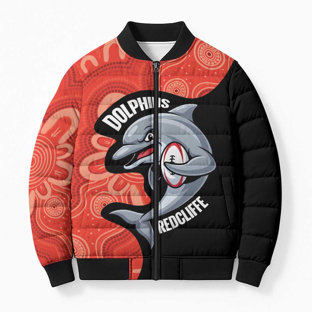 Redcliffe Rugby Custom Bomber Puffer Jacket Go Dolphins Aboriginal Art - Aussie Hoodie