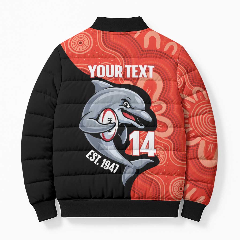 Redcliffe Rugby Custom Bomber Puffer Jacket Go Dolphins Aboriginal Art - Aussie Hoodie