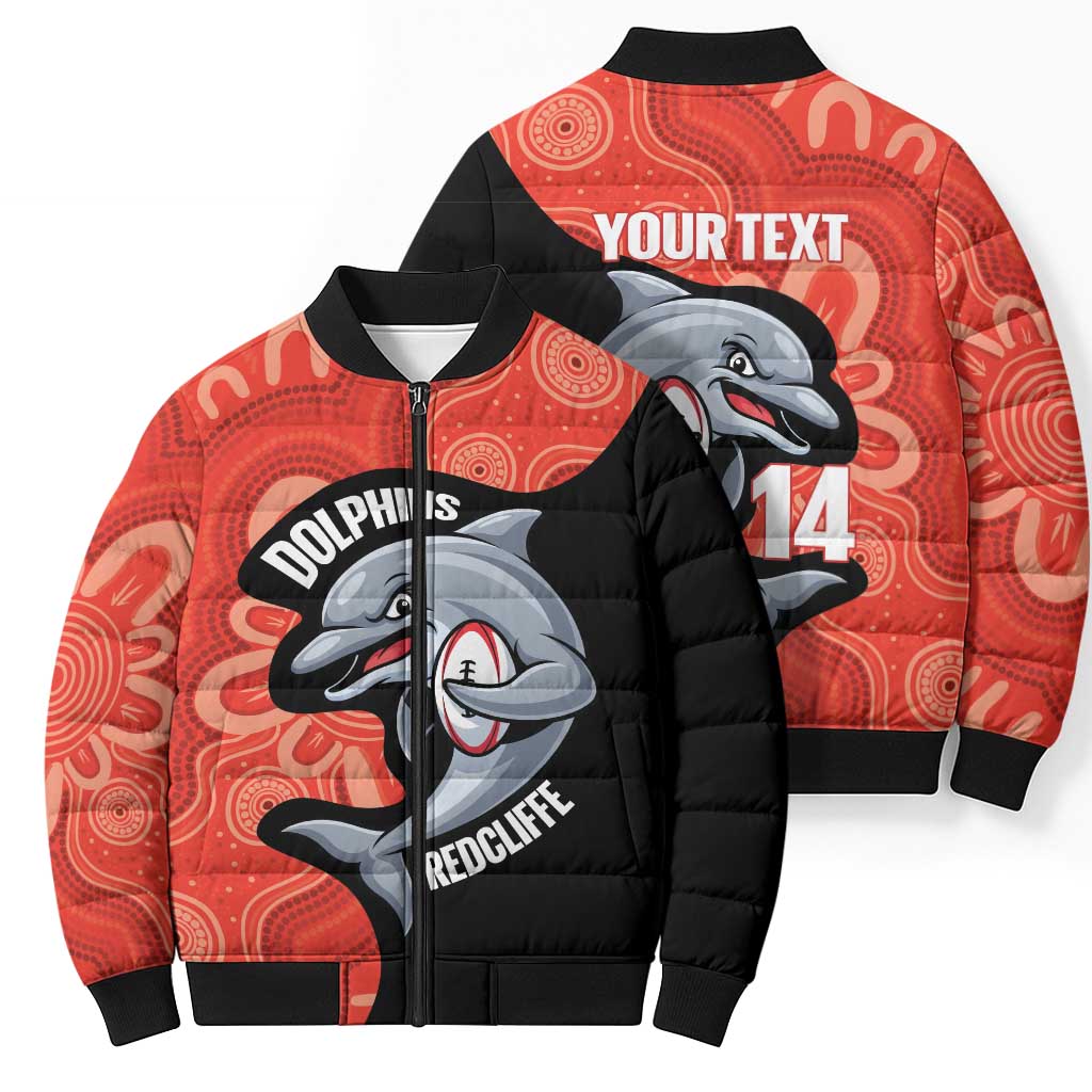 Redcliffe Rugby Custom Bomber Puffer Jacket Go Dolphins Aboriginal Art - Aussie Hoodie